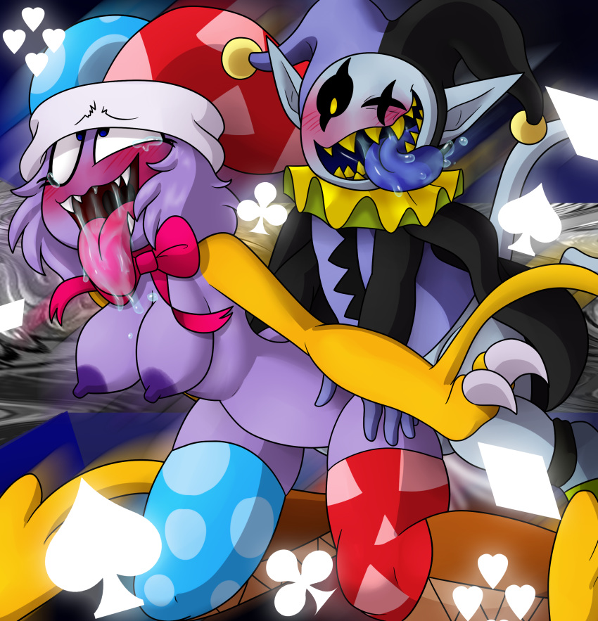 &clubs; &diams; &lt;3 &spades; 2019 alternate_species black_sclera blue_eyes blush bow_tie breasts claws clothing crossgender crossover darkner deltarune demon digital_drawing_(artwork) digital_media_(artwork) duo fangs female footwear gloves hair hat headwear hi_res humanoid humanoidized imp jester jevil_(deltarune) kirby_(series) legwear male male/female marx nintendo nipples not_furry open_mouth penetration pointy_ears purple_body purple_hair saliva sex sharp_teeth smile socks suit_symbol teeth thigh_socks tongue tongue_out video_games yellow_eyes yoshimister