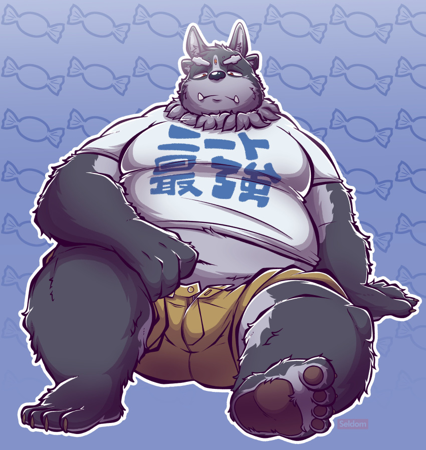 absurd_res anthro belly bulge clothing hi_res male multi_ear navel open_pants overweight pawpads seldomsaveface shirt sitting third_eye tokyo_afterschool_summoners tsathoggua tusks video_games