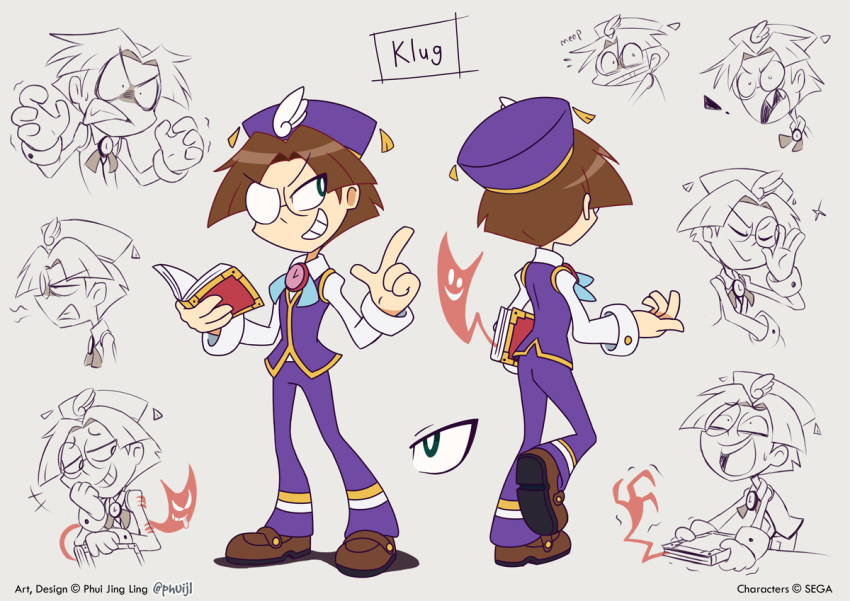 book brown_hair brown_shoes character_sheet cuff_links feather feather_in_hair glasses hat klug klug_(puyopuyo) model_sheet phuijl puyo_puyo_tetris puyopuyo sega shoes various_expressions