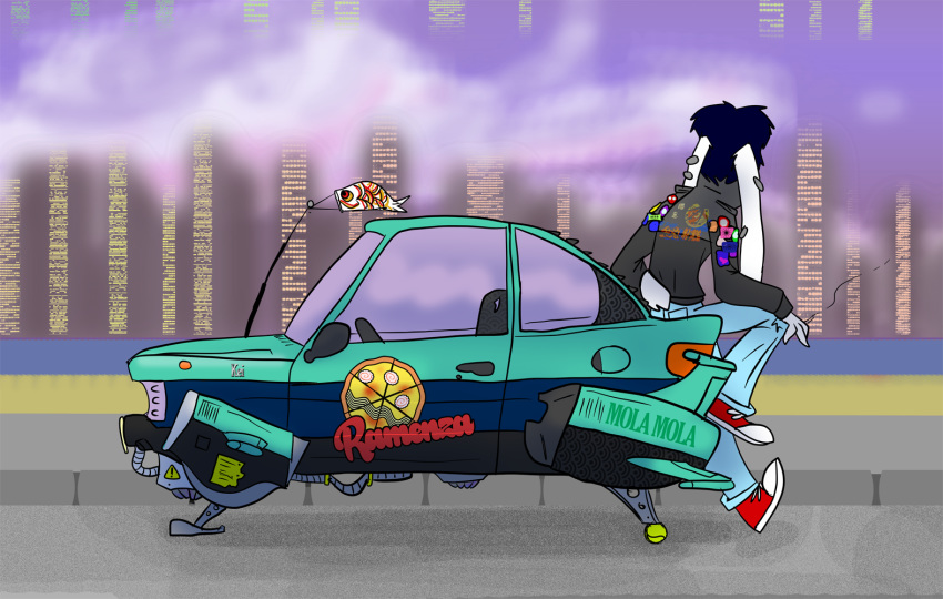 car cartoonmeat city clothed clothing drugs ear_piercing food hover_car jeans lagomorph mammal marijuana mikey_gau pants piercing pizza rabbit simple_background smoking sneakers street vehicle