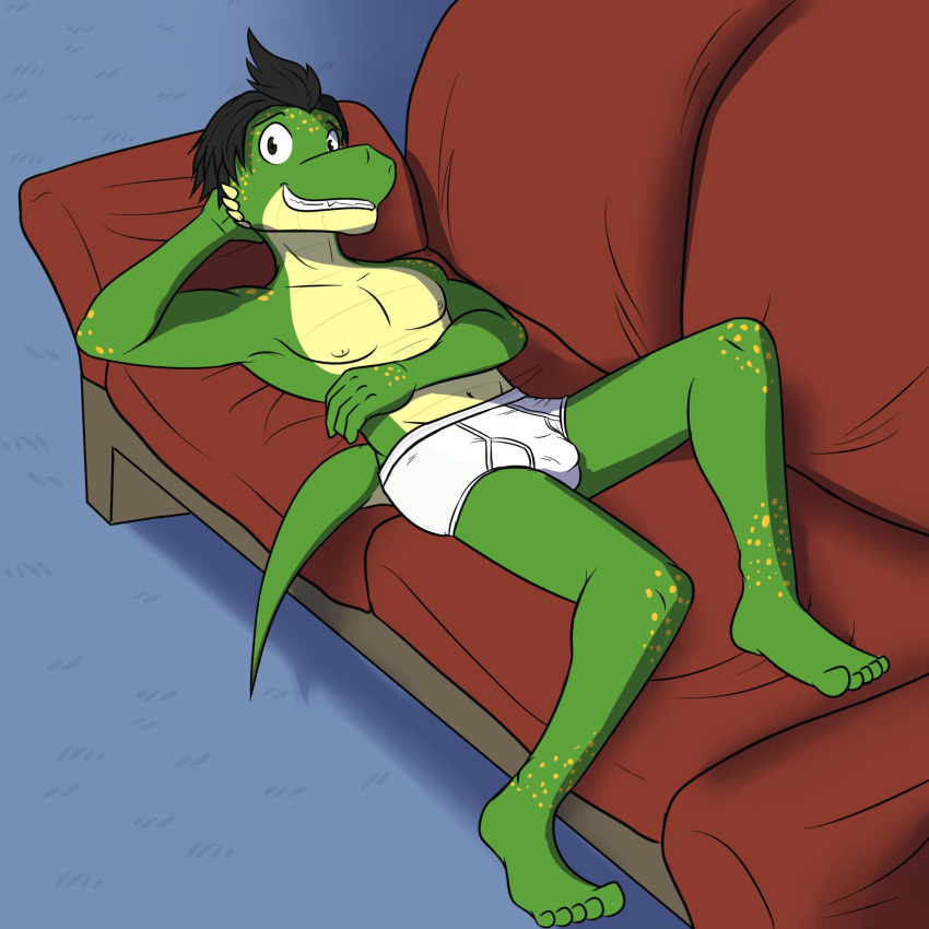 anthro briefs bulge clothed clothing fuze hi_res lying male navel nipples on_back scalie sofa tighty_whities topless underwear