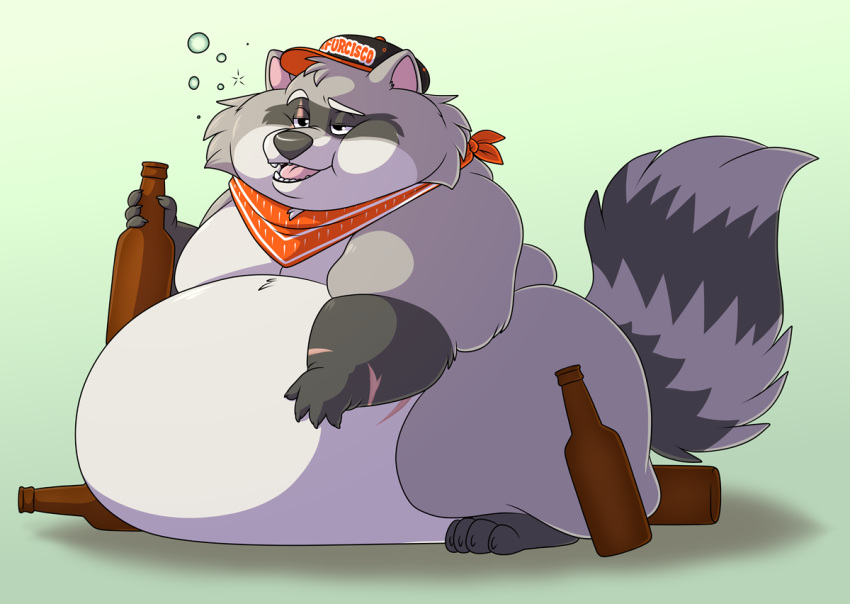 alcohol anthro bandanna baseball_cap belly beverage big_belly bottle chubby_cheeks claws drunk facial_markings fur grey_fur hand_on_stomach hat holding_bottle holding_object hyper hyper_belly love_handles male mammal markings mask_(marking) morbidly_obese mostly_nude obese obese_male open_mouth overweight overweight_male procyonid raccoon ringtail rocky_ramos shikakaka simple_background solo standing text thick_thighs toe_claws wide_hips