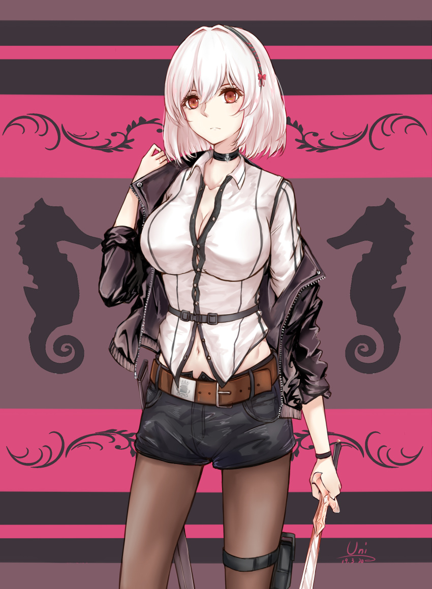 1girl absurdres alternate_costume azur_lane bangs belt breasts buttons choker cleavage collarbone collared_shirt commentary_request cowboy_shot expressionless hair_between_eyes headband highres holding holding_sword holding_weapon large_breasts leather_shorts leg_holster midriff_peek navel pantyhose red_eyes shirt short_hair short_shorts shorts sirius_(azur_lane) solo standing sword unique_(pixiv12704744) weapon white_hair