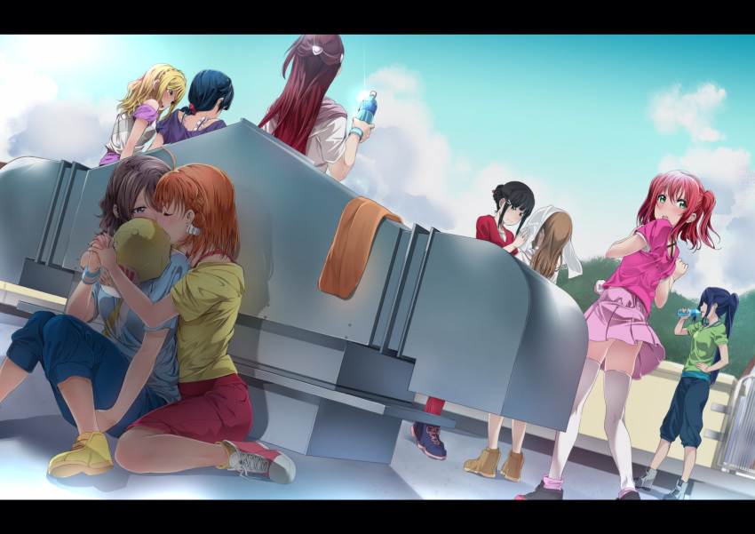 6+girls black_hair blonde_hair blue_eyes blue_hair blue_shirt bottle brown_hair capri_pants cloud day drinking eyes_closed green_shirt grey_hair hat highres kiss kunikida_hanamaru kurosawa_dia kurosawa_ruby love_live! love_live!_sunshine!! matsuura_kanan multiple_girls ohara_mari orange_hair outdoors pants pink_shirt pink_skirt purple_shirt red_hair red_shirt sakurauchi_riko shirt shoes skirt sky sneakers takami_chika thighhighs towel tsushima_yoshiko watanabe_you water_bottle white_legwear white_shirt yellow_hat yellow_shirt yuri yuuki_(nijiiro_palette) zettai_ryouiki