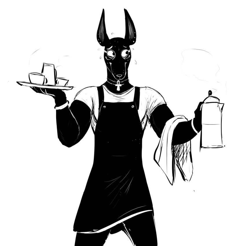 2019 ankh anthro anubian_jackal anubis apron bangle black_and_white black_fur canid canine canis clothed clothing coffee_maker cup deity digital_media_(artwork) ear_piercing egyptian fur hi_res hladilnik jackal jewelry male mammal monochrome muscular necklace nervous piercing shirt solo sweat sweatdrop t-shirt tea_cup waiter