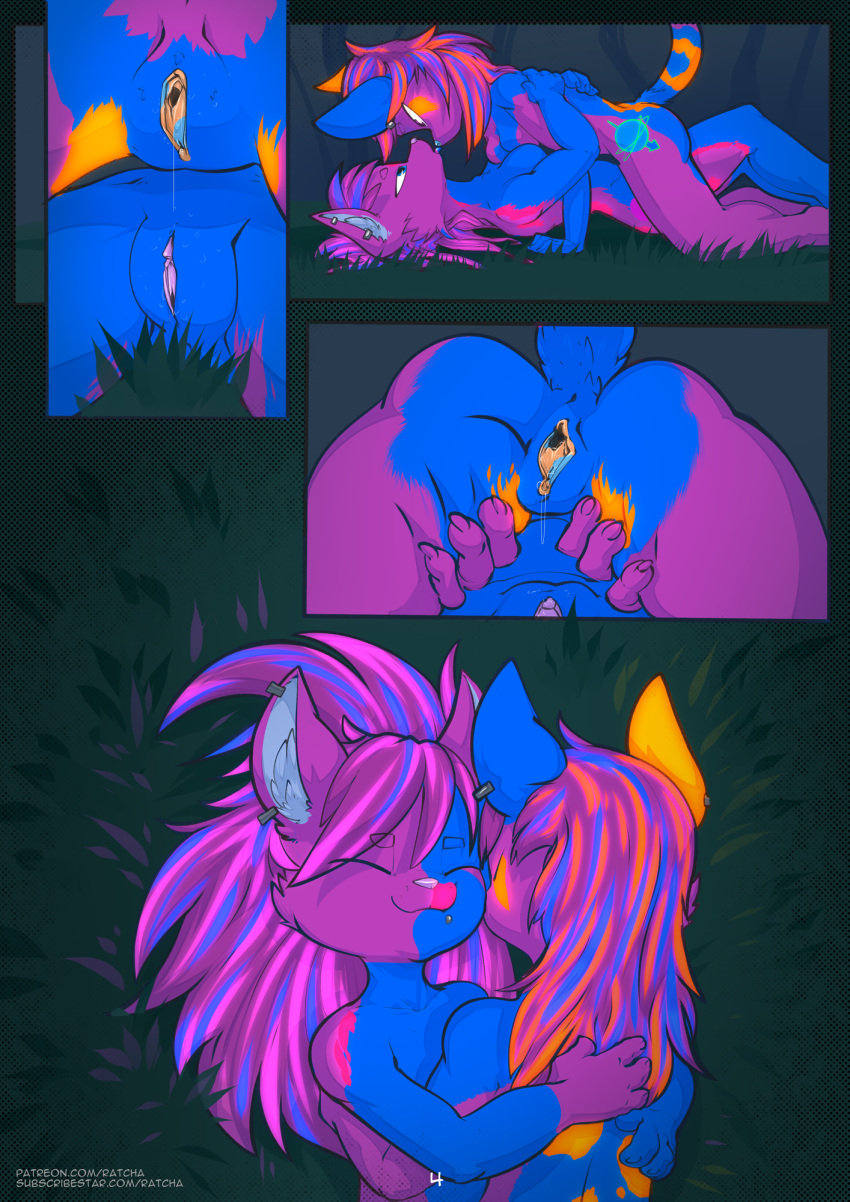2019 afterglow anthro breasts comic duo embrace eye_contact eyes_closed felid female female/female fur hair hi_res hug incest mammal nude oral pussy pussy_juice ratcha_(artist) sex sibling sisters text vaginal