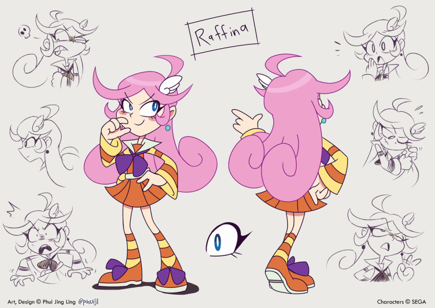 character_sheet earring feather feather_in_hair female hand_on_hip model_sheet phuijl pink_hair puyo_puyo_tetris puyopuyo raffine raffine_(puyopuyo) school_uniform sega skirt striped_socks various_expressions