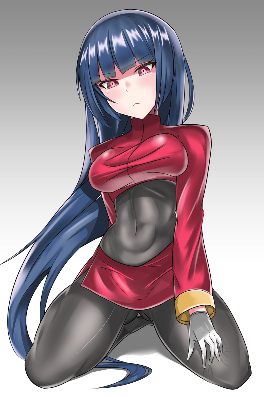 1girl belly blue_hair breasts creatures_(company) eyebrows game_freak gloves legwear long_hair natsume_(pokemon) nintendo pokemon red_eyes simple_background sitting skirt solo stomach