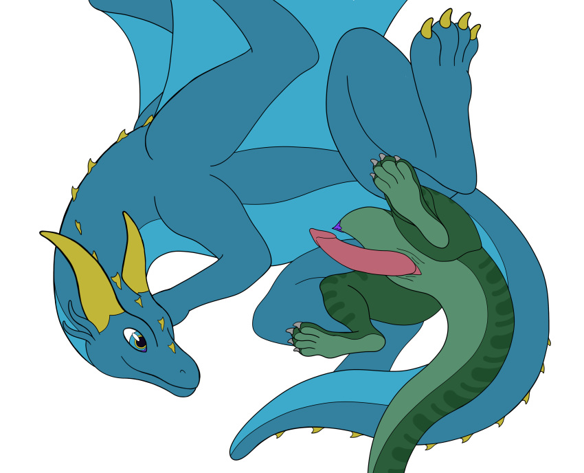 absurd_res blue_eyes blue_skin claws curved_horn dragon erection female feral frill green_skin hi_res hondra horn male male/female membranous_wings nystemy_(artist) nystemy_(character) paws penis resting size_difference slit stripes thick_tail unbirthing vore wings yellow_horn