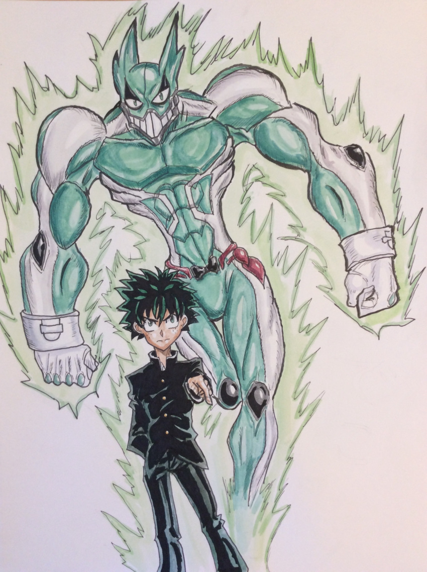 absurdres boku_no_hero_academia crossover deku green_hair highres jojo_no_kimyou_na_bouken kuujou_joutarou midoriya_izuku musclecar navy school_uniform stand_(jojo) theultratom traditional_media watercolor_(medium)