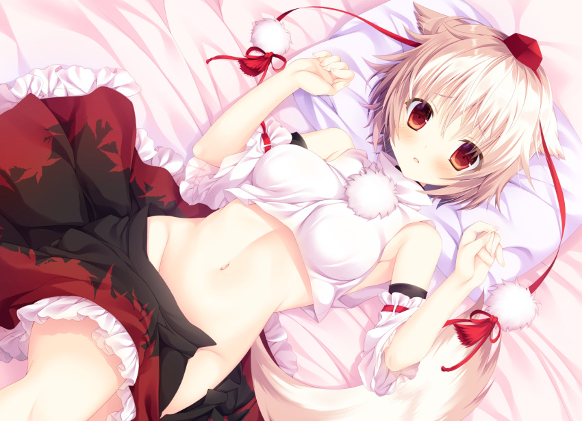 1girl animal_ears bangs bare_shoulders bed_sheet black_skirt blush breasts commentary_request crop_top detached_sleeves eyebrows_visible_through_hair feet_out_of_frame groin hair_between_eyes hands_up hat inubashiri_momiji licoco lying medium_breasts navel on_back open_clothes open_skirt parted_lips petticoat pillow pom_pom_(clothes) red_eyes shirt short_hair silver_hair skirt solo stomach tail tassel thighs tokin_hat touhou white_shirt wolf_ears wolf_tail