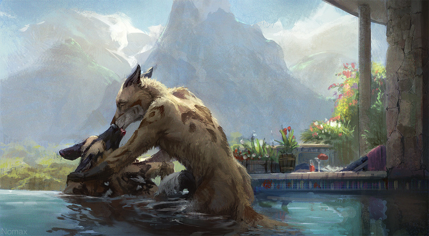 african_wild_dog anthro canid canine canis coyote day detailed_background duo kissing mammal nomax nude outside partially_submerged sky water