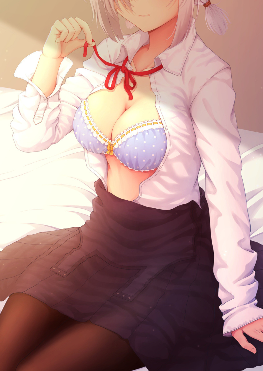 1girl absurdres bed bed_sheet black_legwear bra breasts cleavage closed_mouth collarbone commentary_request head_out_of_frame highres large_breasts long_sleeves multicolored multicolored_bra multicolored_clothes ochiai_miyabi on_bed open_clothes open_shirt original pink_hair ponytail red_neckwear red_ribbon ribbon shirt sitting skirt solo underwear white_shirt