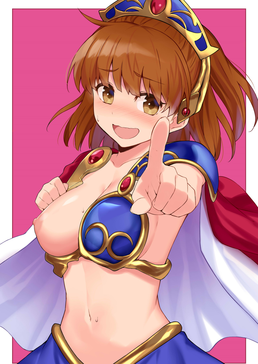 1girl :d absurdres ahoge arle_nadja armor bare_arms blue_skirt blush breasts brown_eyes brown_hair cape cccpo cleavage collarbone commentary_request embarrassed foreshortening hand_on_own_chest headgear highres looking_at_viewer medium_breasts navel nipples nose_blush open_mouth pointing puyopuyo red_cape revealing_clothes short_hair shoulder_armor skirt smile solo stomach sweat upper_body wavy_mouth