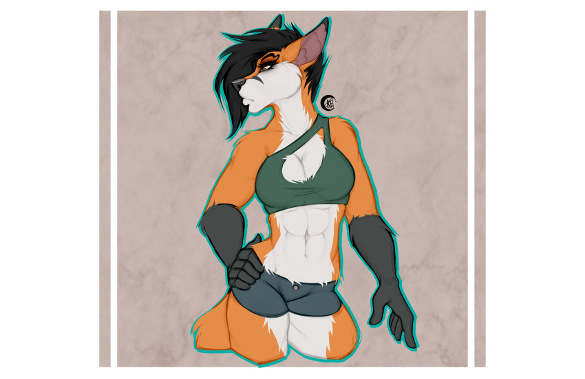 2018 5_fingers abs absurd_res anthro breasts canid canine clothed clothing female fox fur hair hi_res kriticalerror mammal navel portrait rosaline_(bronx23) simple_background solo standing three-quarter_portrait wide_hips