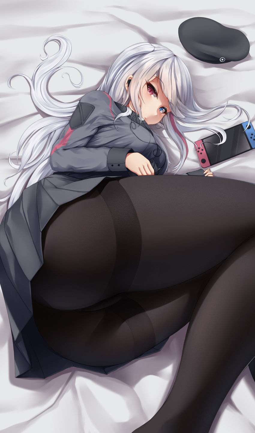 1girl absurdres ass bangs bed_sheet beret black_legwear black_skirt blue_eyes breasts closed_mouth commentary_request earbuds earphones eyebrows_visible_through_hair eyes_visible_through_hair girls_frontline grey_hair hat headwear_removed heterochromia highres long_hair long_sleeves looking_at_viewer lying mdr_(girls_frontline) medium_breasts multicolored_hair nintendo_switch on_side one_side_up pantyhose pink_eyes pink_hair pleated_skirt sidelocks skirt solo streaked_hair suzishiii thick_thighs thighs