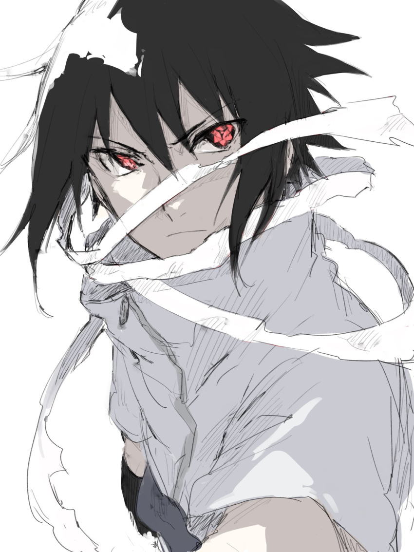 1boy asuna_(doruru-mon) bandage black_hair closed_mouth eyebrows_visible_through_hair frown glowing glowing_eyes hair_between_eyes highres mangekyou_sharingan naruto_(series) naruto_shippuuden red_eyes shaded_face sharingan short_sleeves simple_background solo turtleneck uchiha_sasuke white_background zipper zipper_pull_tab