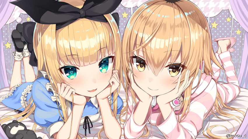 2girls :3 :d absurdres apron bed black_footwear black_ribbon blonde_hair blue_dress blush breasts chin_rest closed_mouth commentary_request curtains drawstring dress frilled_dress frills greatmosu hair_between_eyes hair_ribbon headphones headphones_around_neck heart heart-shaped_pupils highres hood hood_down hooded_jacket ienaga_mugi indoors jacket legs_up long_hair long_sleeves looking_at_viewer lying mononobe_alice multiple_girls nijisanji on_bed on_stomach open_mouth pajamas paw_print polka_dot ribbon shoes short_sleeves slippers small_breasts smile socks star striped_jacket stuffed_animal stuffed_toy symbol-shaped_pupils teddy_bear twitter_username virtual_youtuber white_legwear wing_collar