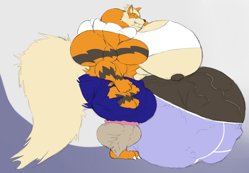 anthro arcanine balls barely_contained bawleon big_balls bulge clothed clothing colored_sketch hi_res huge_balls humanoid_penis hyper hyper_balls hyper_muscles hyper_penis male muscular muscular_male nintendo nipples penis penis_outline pok&eacute;mon pok&eacute;mon_(species) smile solo standing vein veiny_penis video_games