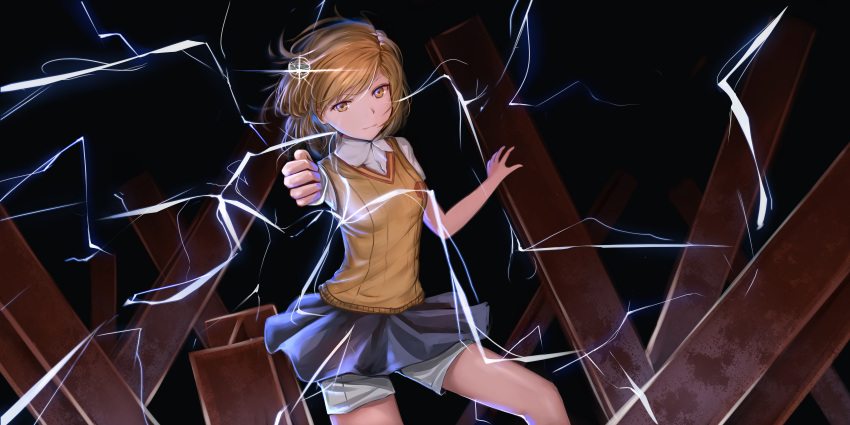 1girl absurdres biribiri brown_eyes brown_hair brown_sweater grey_shorts grey_skirt highres huijin_zhi_ling i-beam looking_at_viewer miniskirt misaka_mikoto outstretched_arm pleated_skirt school_uniform shiny shiny_skin shirt short_hair short_shorts short_sleeves shorts shorts_under_skirt skirt solo standing sweater sweater_vest to_aru_kagaku_no_railgun to_aru_majutsu_no_index tokiwadai_school_uniform white_shirt