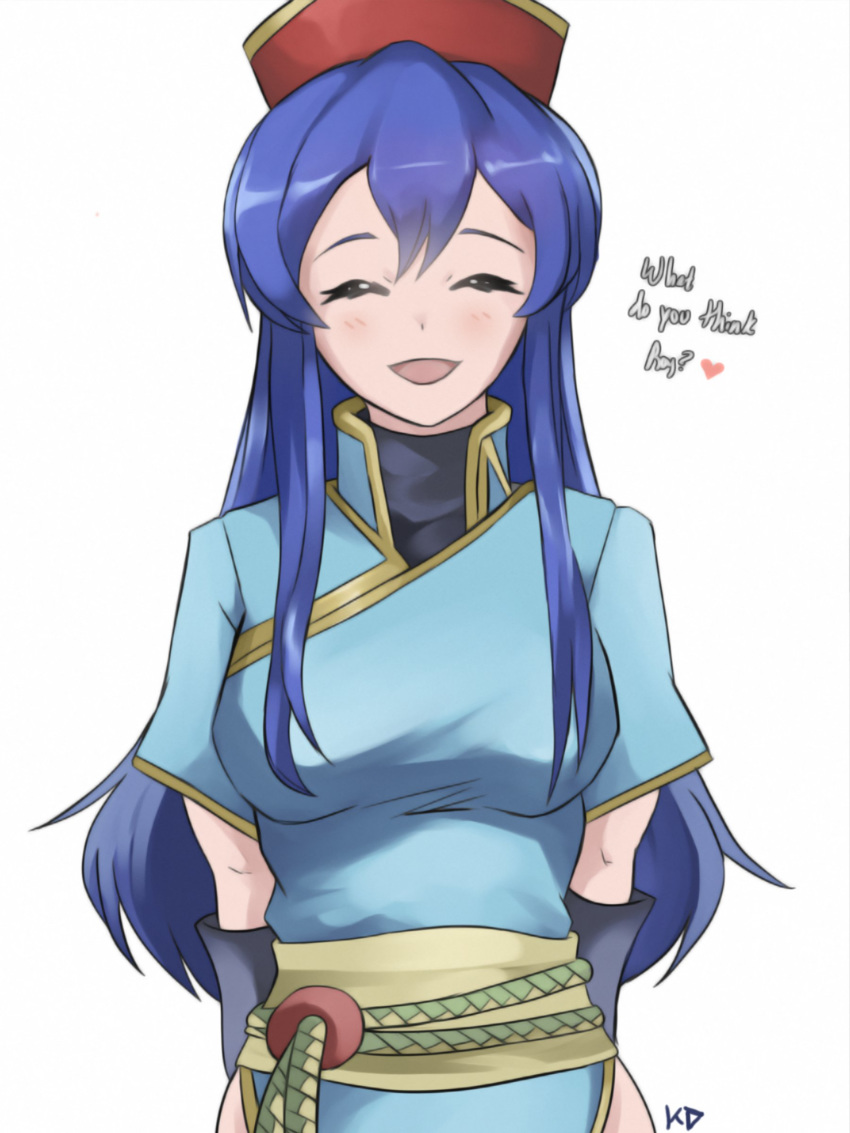 1girl absurdres arms_behind_back blue_hair cosplay eyes_closed fire_emblem fire_emblem:_fuuin_no_tsurugi fire_emblem:_rekka_no_ken hat highres lilina long_hair lyndis_(fire_emblem) lyndis_(fire_emblem)_(cosplay) nintendo open_mouth red_hat short_sleeves simple_background solo the_kingduke upper_body white_background