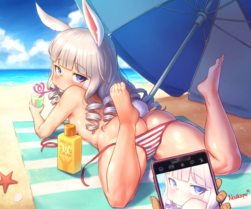 1girl animal_ears annoyed ass barefoot beach beach_towel beach_umbrella bikini blush bottle breasts bunny_ears bunny_tail cellphone cellphone_camera cloud convenient_censoring cup curly_hair drinking drinking_glass drinking_straw elin_(tera) feet from_behind hands highres holding legs legs_up long_hair looking_at_viewer looking_back lying nestkeeper ocean on_stomach outdoors phone pout purple_eyes side-tie_bikini silver_hair sky small_breasts smartphone solo_focus spread_legs striped striped_bikini swimsuit tail tera_online thighs toes topless towel umbrella untied untied_bikini