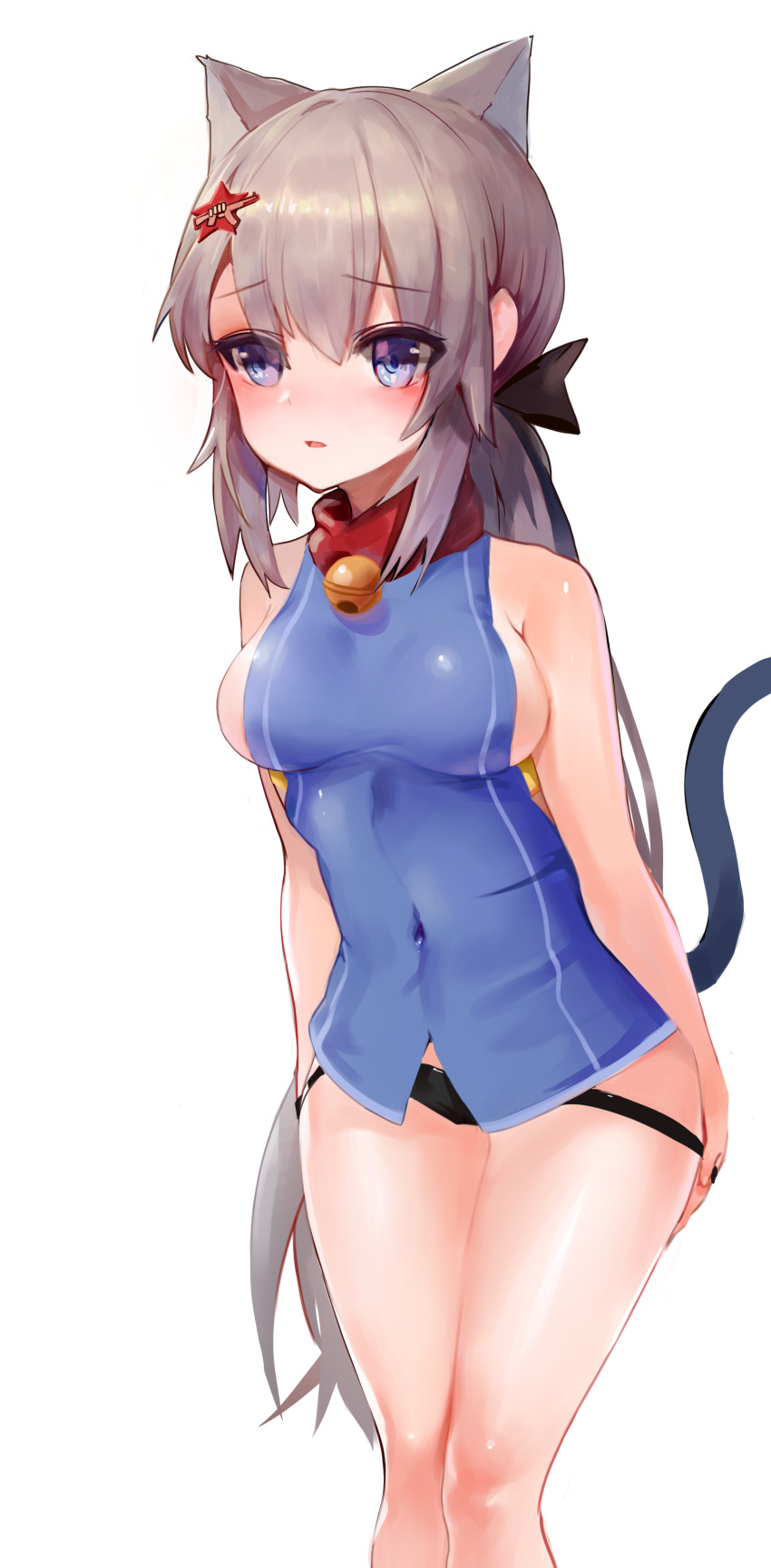 1girl 9a-91_(girls_frontline) absurdres animal_ears bangs bare_arms bare_shoulders bell black_bow black_panties blue_eyes blue_shirt blush bow breasts cat_ears cat_girl cat_tail covered_navel dokomon eyebrows_visible_through_hair girls_frontline grey_hair hair_between_eyes hair_bow hair_ornament highres jingle_bell kemonomimi_mode long_hair looking_away medium_breasts panties panty_pull parted_lips pulled_by_self shirt sideboob simple_background sleeveless sleeveless_shirt solo star star_hair_ornament tail tail_raised underwear white_background
