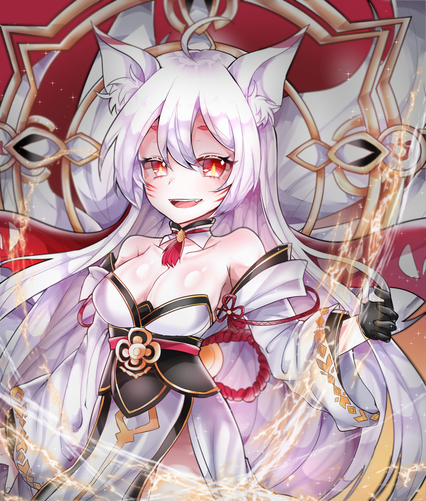 1girl ahoge animal_ears ara_han breasts cleavage collarbone detached_sleeves elsword energy eun_(elsword) facial_mark fangs fox_ears fox_tail gloves gpmr7574 highres shiva_(elsword) smile tail user