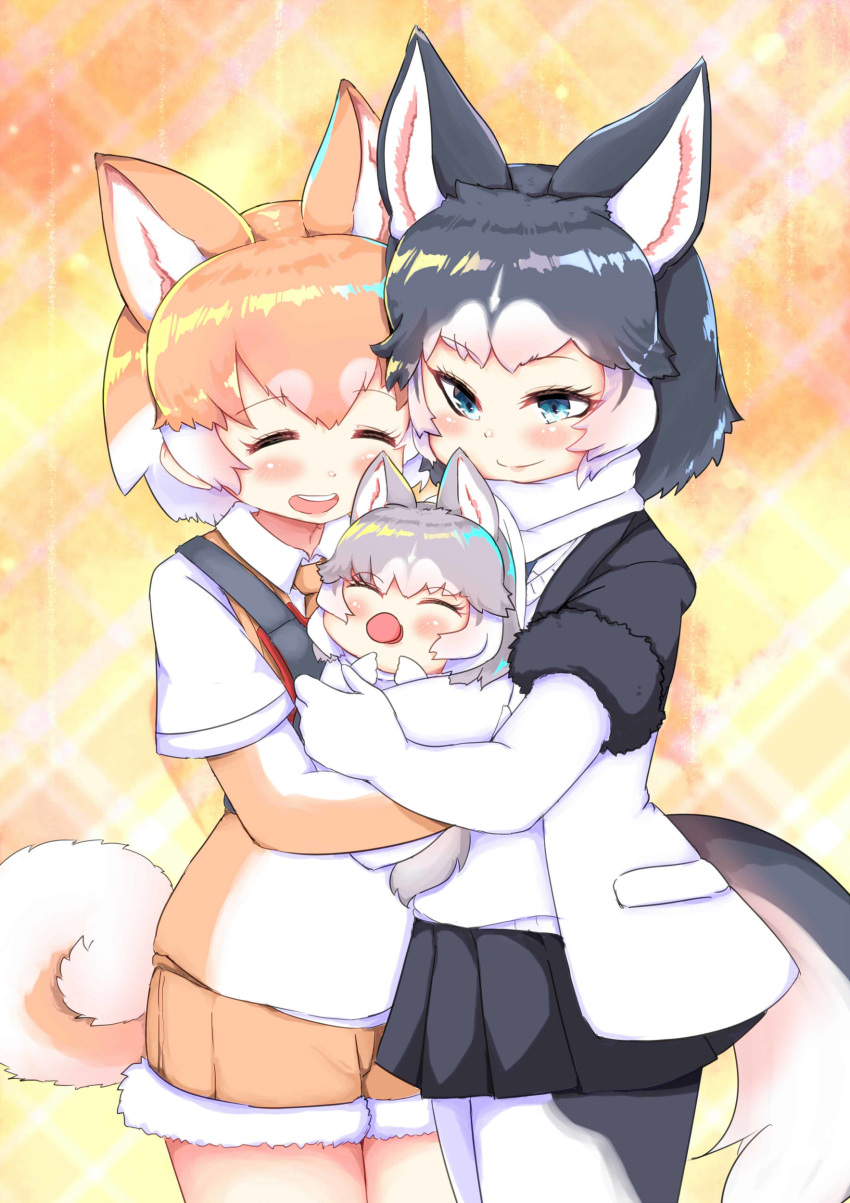 3girls absurdres animal_ear_fluff animal_ears baby black_hair blue_eyes blush child collared_shirt commentary_request cowboy_shot dog_(kemono_friends) dog_(mixed_breed)_(kemono_friends) dog_ears dog_tail elbow_gloves extra_ears eyebrows_visible_through_hair eyes_closed fur_trim gloves grey_hair harness highres holding_baby hug kemono_friends light_brown_hair multicolored_hair multiple_girls necktie open_mouth pantyhose pleated_skirt scarf shima_noji_(dash_plus) shirt short_hair short_shorts short_sleeves shorts siberian_husky_(kemono_friends) skirt smile sweater tail white_hair younger