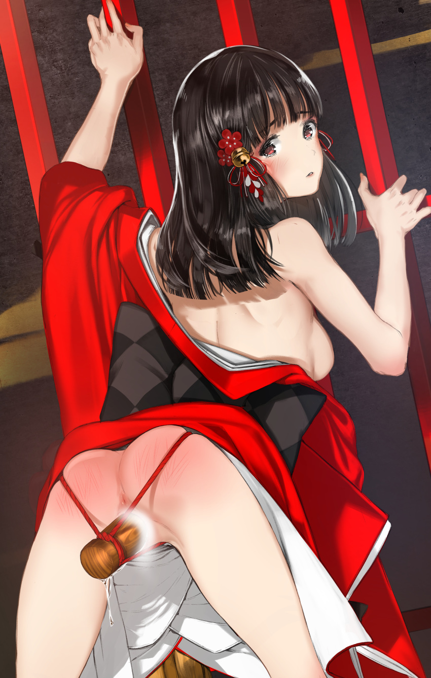 1girl absurdres against_fence anus ass back bangs bell bent_over black_hair blush breasts censored commentary_request dildo eyebrows_behind_hair fence from_behind hair_bell hair_ornament highres japanese_clothes kimono looking_at_viewer looking_back medium_breasts medium_hair no_panties object_insertion off_shoulder oiran original pussy pussy_juice red_eyes red_rope rope sash solo spanked tsukino_wagamo vaginal vaginal_object_insertion wide_sleeves yuujo