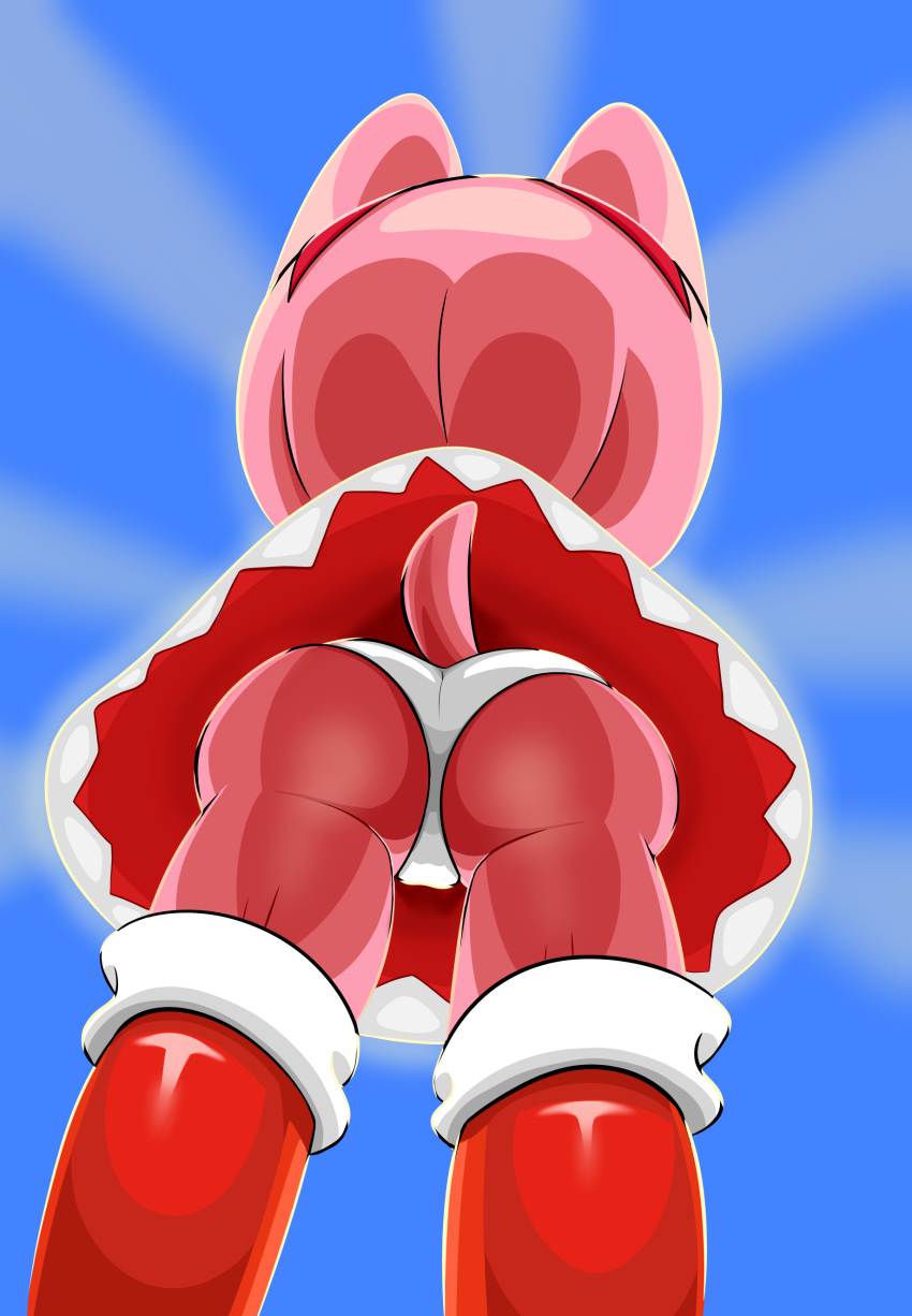 absurd_res amy_rose anthro blue_sky boots butt clothed clothing dress eulipotyphlan female footwear fur hair hairband hedgehog hi_res low-angle_view mammal panties parumpi pink_fur raised_tail sky solo sonic_(series) standing tail_upskirt underwear upskirt worm's-eye_view