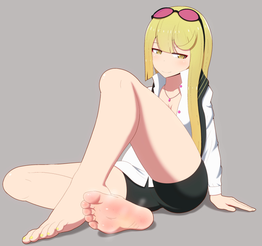 1girl barefoot black_shorts blonde_hair digimon digimon_story:_cyber_sleuth eyewear_on_head feet highres jewelry jkisaradu kuremi_kyouko long_hair looking_at_viewer nail_polish necklace no_bra pov_feet shirt short_shorts shorts sitting smile soles solo sunglasses thighs toenail_polish toenails toes white_shirt yellow_eyes yellow_nails