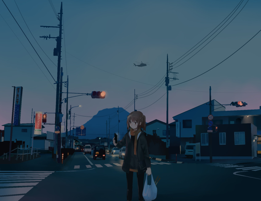 1girl aircraft bag brown_eyes brown_hair cellphone coat crosswalk dusk helicopter highres kantai_collection phone road_sign scarf sendai_(kantai_collection) shopping_bag sign smartphone solo traffic_light two_side_up
