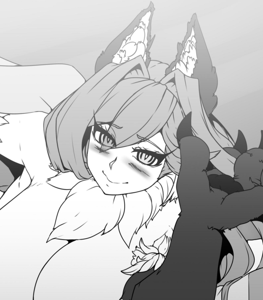 1girl animal_ears blush breasts claws elakan embarrassed eyebrows_visible_through_hair fur fur_collar greyscale hair_between_eyes hair_over_face highres looking_at_viewer lying manticore_(monster_girl_encyclopedia) monochrome monster_girl monster_girl_encyclopedia one_side_up paws slit_pupils smile solo