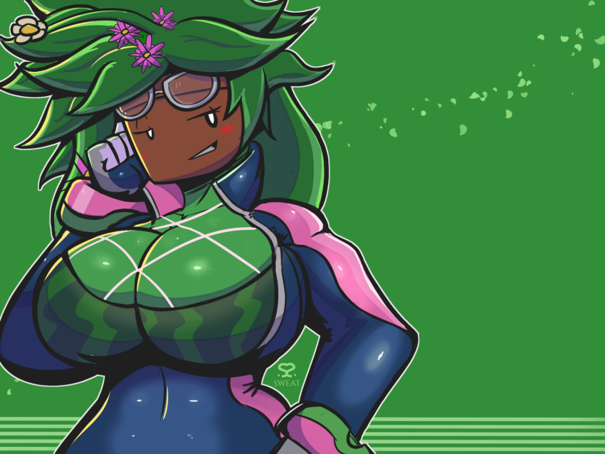 2019 accessory big_breasts blaster_master_zero_2 blush bra breast_spill breast_squish breasts clothed clothing digital_media_(artwork) eyewear female flora_fauna flower glasses gloves green_hair green_skin hair half-closed_eyes hi_res humanoid kanna_(blaster_master) kanna_(blaster_master_zero_2) leaf leaf_hair looking_at_viewer not_furry object_head open_mouth open_shirt petals plant pot_(disambiguation) simple_background smile solo suit sweater_pups track_suit underwear video_games