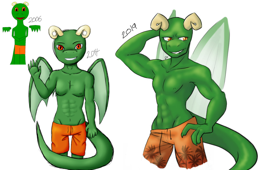 2006 2014 2019 abs anthro biped claws clothed clothing digital_drawing_(artwork) digital_media_(artwork) dragon hi_res horn looking_at_viewer male muscular muscular_male nipples open_mouth pecs plushkinn redraw simple_background smile standing swimsuit teeth white_background