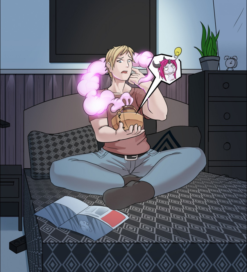 2018 ambiguous_gender bed blonde_hair demon detailed_background duo hair hi_res human human_focus lunate male mammal on_bed sitting smoke solo_focus story story_in_description surprise