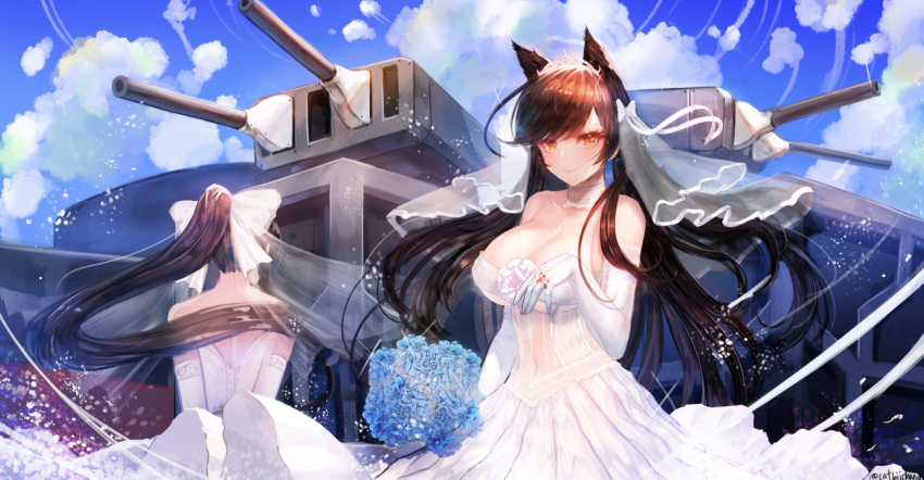 2girls animal_ears atago_(azur_lane) azur_lane bangs bare_shoulders black_hair blue_flower blue_sky blush bouquet breasts bridal_veil brown_eyes cannon catbii choker closed_mouth cloud dress elbow_gloves extra_ears eyebrows_visible_through_hair floating_hair flower glint gloves holding holding_bouquet jewelry large_breasts long_hair looking_at_viewer mole mole_under_eye multiple_girls rigging ring sky smile strapless strapless_dress swept_bangs takao_(azur_lane) tiara turret twitter_username veil wedding_dress wedding_ring white_dress white_gloves wind