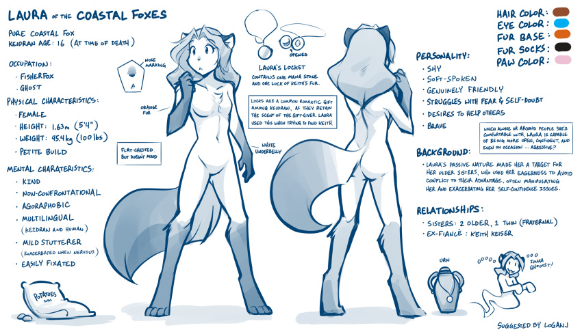 2019 anthro breasts butt canid canine casual_nudity chest_tuft english_text featureless_breasts featureless_crotch female fox ghost gloves_(marking) hi_res keidran laura_(twokinds) locket mammal markings model_sheet monochrome nude sack simple_background sketch small_breasts socks_(marking) solo spirit text tom_fischbach tuft twokinds urn webcomic white_background