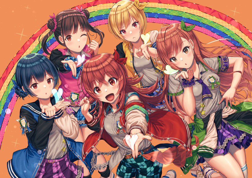 5girls absurdres ahoge arisugawa_natsuha bangs black_eyes blonde_hair blown_kiss blue_hair blush bow breasts brown_hair checkered_shorts commentary_request double_bun eyebrows_visible_through_hair hair_between_eyes hair_bow heart highres huge_filesize idolmaster idolmaster_shiny_colors jacket jewelry komiya_kaho long_hair long_sleeves looking_at_viewer mazeru_(oekaki1210) medium_breasts morino_rinze multiple_girls necklace one_eye_closed open_mouth purple_eyes rainbow red_eyes red_hair saijou_juri school_uniform short_hair shorts smile sonoda_chiyoko twintails