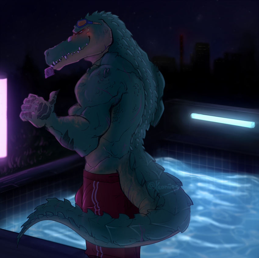 2019 anthro bulge condom crocodile crocodilian digital_media_(artwork) fangs hi_res league_of_legends male muscular muscular_male renekton reptile riot_games scalie swimming_pool video_games xeoniios