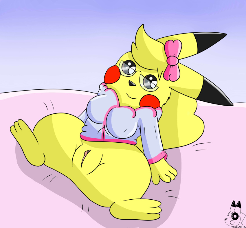 absurd_res bow breasts busty_feral cleft_tail clothed clothing eyewear female feral fur glasses hi_res looking_at_viewer nintendo pikachu plump_labia pok&eacute;mon pok&eacute;mon_(species) presenting presenting_pussy pussy rouarts_(artist) rouyuki simple_background smile solo spread_legs spreading thick_thighs video_games wide_hips yellow_fur