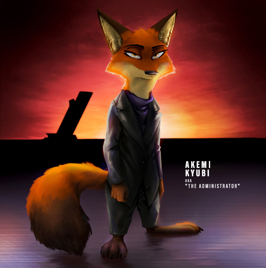2019 abstract_background amber_eyes anthro barefoot brown_ears canid canine cheek_tuft clothed clothing dipstick_tail disney english_text fan_character female fox half-closed_eyes hi_res mammal multicolored_tail neveen_(kulkum) red_fox standing suit text thewyvernsweaver tuft zootopia