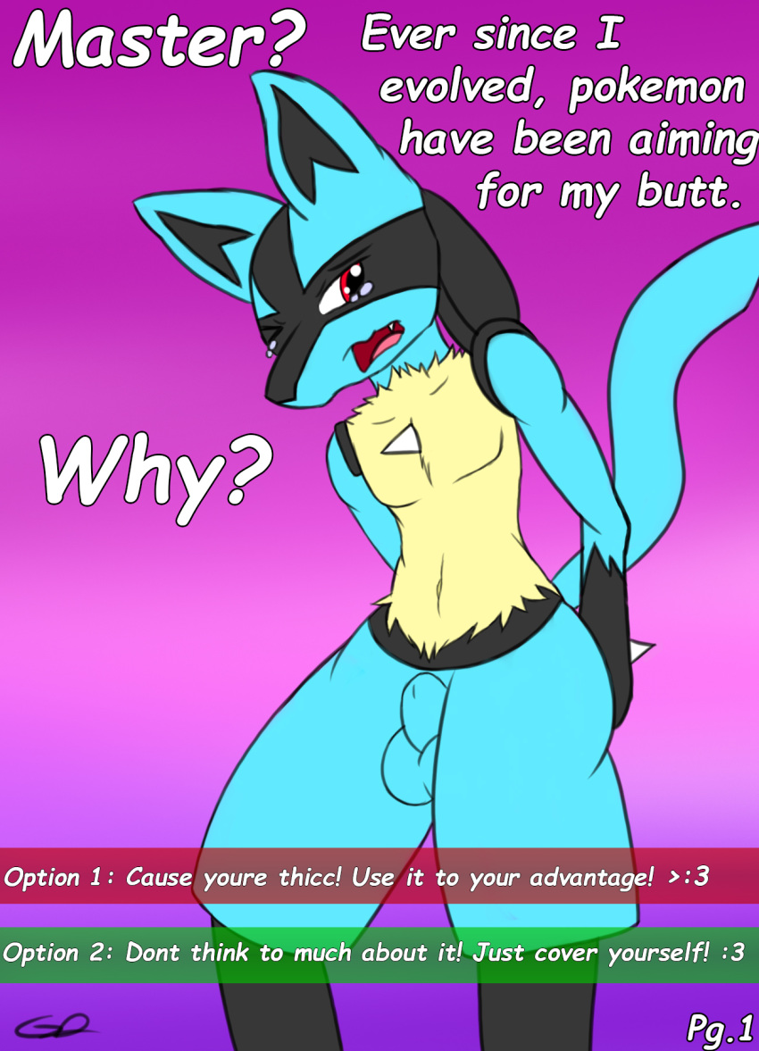 animal_genitalia balls big_butt butt butt_grab canid canine canis crying embarrassed fully_sheathed gyrodraws hand_on_butt hi_res jackal lewd_(disambiguation) lucario male mammal nintendo pok&eacute;mon pok&eacute;mon_(species) sheath simple_background solo tears text thick_thighs video_games