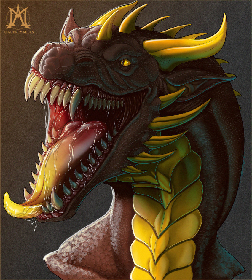 2019 black_scales digital_media_(artwork) dragon feral hi_res horn noctem-tenebris open_mouth saliva scales simple_background solo spines teeth tongue yellow_eyes