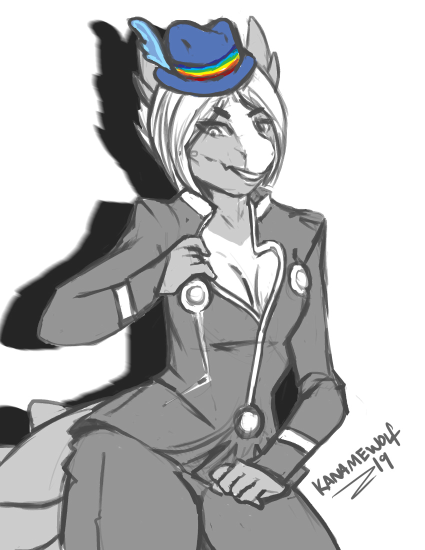 2019 android anthro breasts cleavage clothed clother clothing cosplay crossdressing digital_media_(artwork) dragon drake_(disambiguation) female flat_chested hair hat hi_res holle horn jojo's_bizarre_adventure kaname-wolf machine meme monochrome pose reptile robot scalie seii3 simple_background small_breasts smile solo solo_focus white_hair