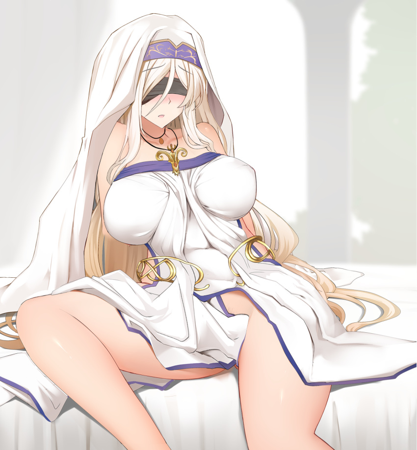 1girl bed_sheet blindfold blonde_hair blush breasts breasts_apart dress ginhaha goblin_slayer! groin highres jewelry large_breasts long_hair necklace no_panties on_bed paid_reward parted_lips patreon_reward pubic_hair sitting solo sword_maiden