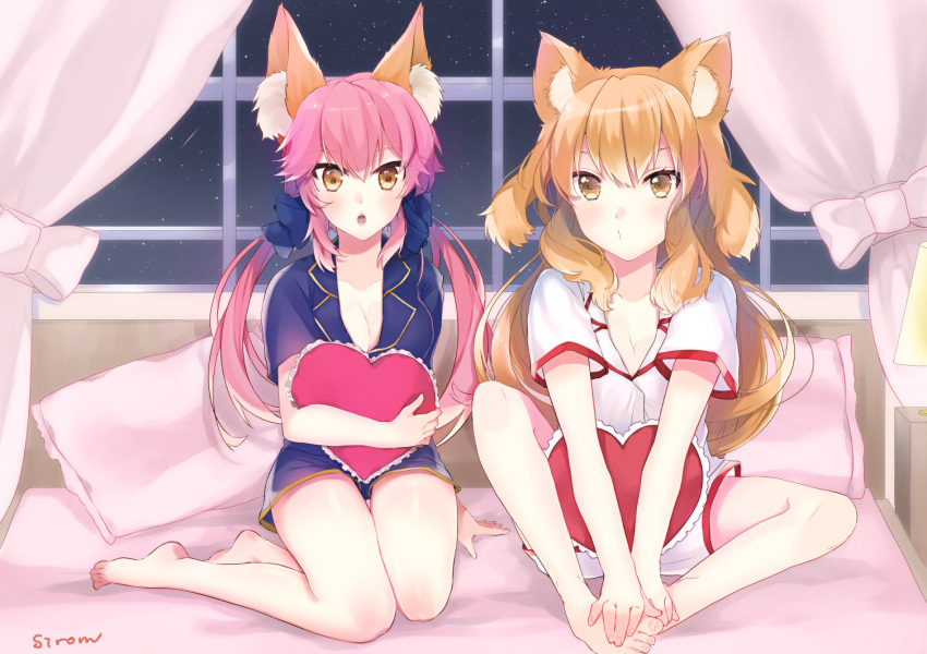 2girls alternate_costume animal_ears barefoot bed blonde_hair blue_bow blush bow breasts brown_eyes cleavage closed_mouth fate/grand_order fate_(series) fox_ears hair_bow large_breasts long_hair looking_at_viewer multiple_girls open_mouth pajamas pillow pink_hair scrunchie shiromu shirt short_sleeves siblings side-by-side sisters suzuka_gozen_(fate) tail tamamo_(fate)_(all) tamamo_no_mae_(fate) very_long_hair