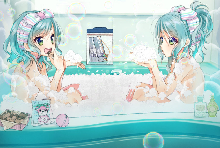 2girls :d aqua_hair bang_dream! bath bathing bathtub bubble_bath character_doll checkerboard_cookie commentary_request convenient_censoring cookie eating food green_eyes hikawa_hina hikawa_sayo long_hair michelle_(bang_dream!) multiple_girls nude open_mouth partially_submerged ponytail shared_bathing short_hair siblings sidelocks sisters sitting smile soap_bottle soap_bubbles soap_censor towel towel_on_head tsurugi_hikaru twins v-shaped_eyebrows ziploc_bag