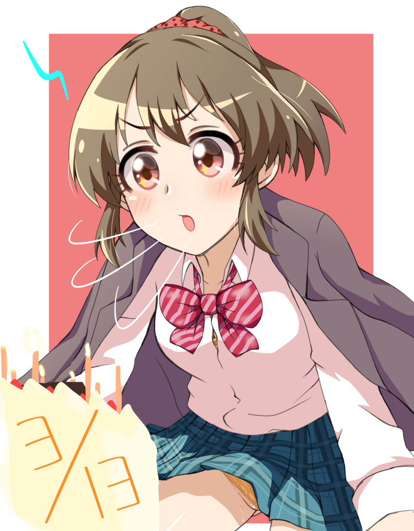 1girl absurdres bangs birthday birthday_cake blazer blowing blue_skirt blush bow bra bra_peek breasts brown_hair button_gap cake candle collared_shirt dated diagonal-striped_bow dress_shirt eyebrows_visible_through_hair food gluteal_fold grey_jacket hair_ornament hair_scrunchie high_ponytail highres hori_yuuko idolmaster idolmaster_cinderella_girls jacket jacket_on_shoulders long_sleeves medium_breasts miniskirt open_mouth panties pantyshot partially_visible_vulva plaid plaid_skirt pleated_skirt polka_dot polka_dot_scrunchie ponytail red_bow red_eyes school_uniform scrunchie shirt short_ponytail skirt solo star star_in_eye striped striped_bow symbol_in_eye underwear wasabi_(nmrw4477) yellow_bra yellow_panties